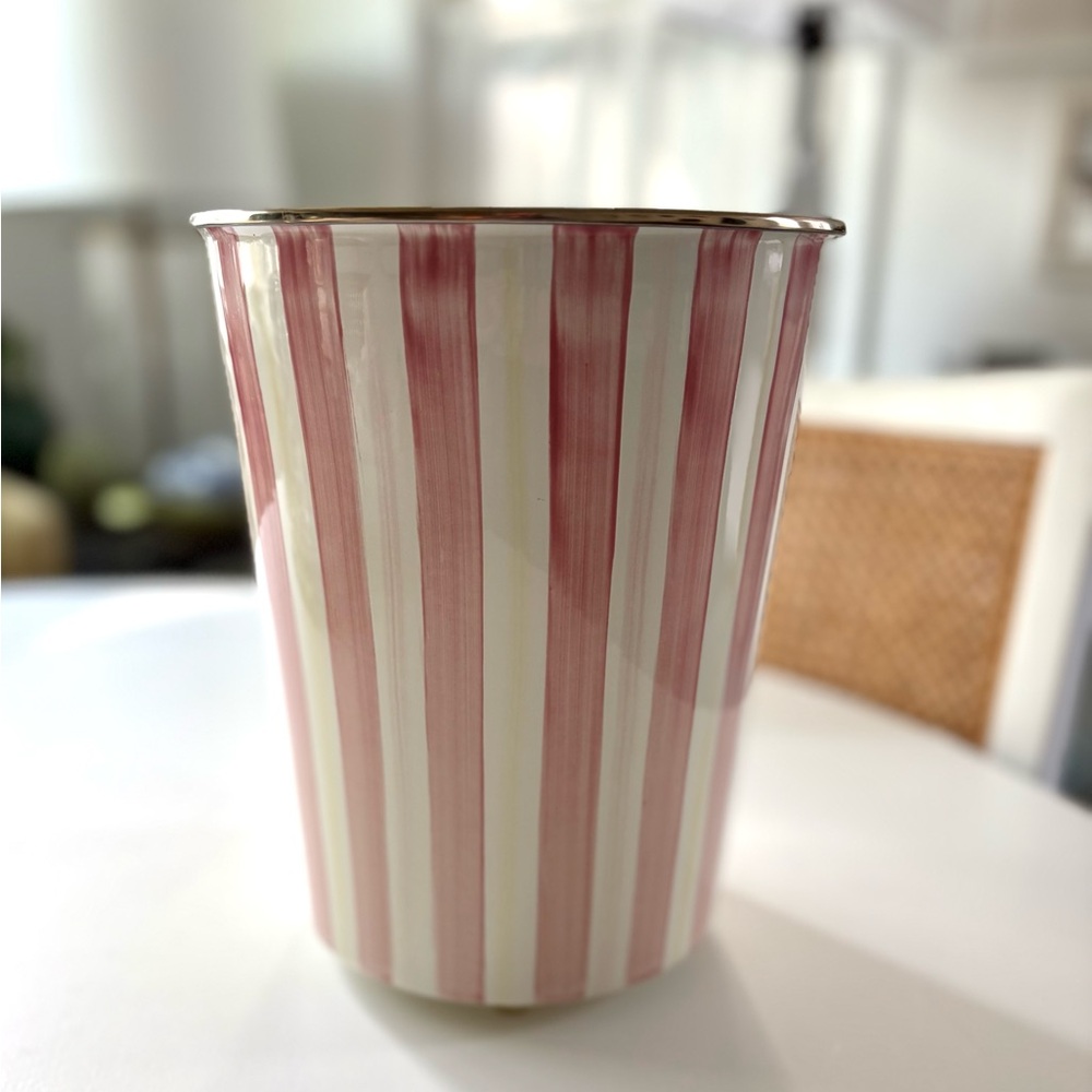 Mackenzie Childs Bathing Hut Waste Can/Flower Vase Pink & White Stripes Perfect!